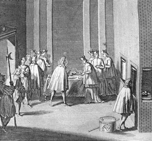 Diferentes etapas do conclave, encontro de cardeais para a eleição de um novo papa: eleição do novo papa durante o conclave na capela Sistina, Vaticano: a comida é verificada durante o conclave) Gravura da "Ilustração de cer de Bernard Picart