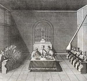 Diferentes etapas do conclave, reunião dos cardeais para a eleição do novo papa: a eleição do novo papa durante o conclave na capela Sistina, Vaticano: cédulas dos cardeais para a eleição do papa) Gravura de "Illustr de Bernard Picart