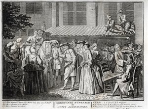 Casamento judeu na comunidade judaica alemã Gravura de "Illustration de ceremonies et customs religieuses de les peuples du monde" de Bernard Picart (1723-1743) 1819 Coleção particular de Bernard Picart