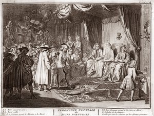 Casamento judeu na comunidade judaica portuguesa Gravura de "Illustration de ceremonies et customs religieuses de tous les peuples du monde" de Bernard Picart (1723-1743) 1819 Colecção privada