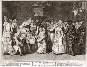 Judaísmo: cerimónia de circuncisão na comunidade judaica portuguesa Gravura de "Illustration de ceremonies et customs religieuses de tous les peuples du monde" de Bernard Picart (1723-1743) 1819 Colecção privada de Bernard Picart
