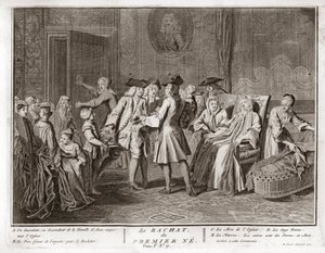 Judaísmo: a tradição da redenção do primogênito, um mitzvah no judaísmo em que um filho primogênito judeu é redimido pelo uso de moedas de prata de seu estado de santidade) Gravura de "Illustration de ceremonies et customs religieuses de to de Bernard Picart
