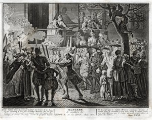 Judaísmo: a forma de conduzir os esposos do lar da Lei - uma representação da procissão pela qual a comunidade honrou, na festa de Simhat Torah, aqueles que tinham sido escolhidos, um para abençoar a leitura da última passagem da Torah e o outro t de Bernard Picart