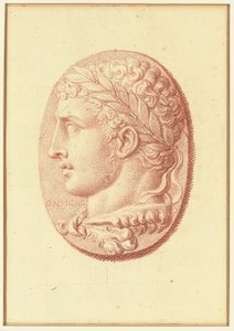 Um de quatro estudos após os cameos, três com retratos de perfil clássico e um com um relevo fragmentado de Cupido e dois leões a desenhar uma carruagem (giz vermelho sobre papel) de Bernard Picart