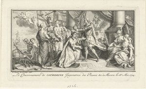 Pedro, o Grande, coroa sua esposa Catarina I como Imperatriz, 1726 de Bernard Picart