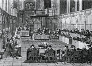 Sínodo protestante realizado em 1730 em Nieuwe Kerk (Nova Igreja) em Amsterdã, Holanda, gravura de Bernard Picart (1673-1733) de Bernard Picart