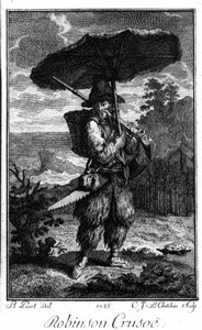 Representação de Robinson Crusoe na sua ilha deserta. Gravura de Bernard Picart (1673-1733) ilustrando o romance de Daniel Defoe ou De Foe (1660-1731)
