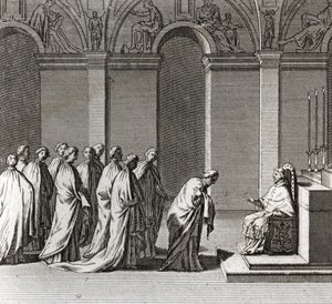 Inauguração solene do Pontificado: "A Adoração do Papa na Capela Sistina" (Inauguração Papal: Adoração do Papa na Capela Sistina) Gravura da "Ilustração de Cerimônias e Costumes Religiosos de Todos os Povos do Mundo". de Bernard Picart