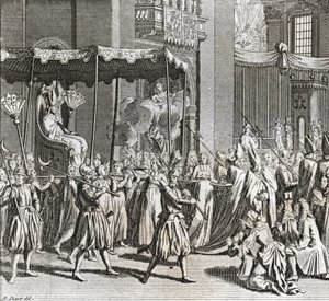 Inauguração solene do Pontificado: a queima de um pano) Gravura de "Illustration de ceremonies et customs religieuses de tous les peuples du monde" de Bernard Picart (1723-1743) 1819 Colecção privada de Bernard Picart