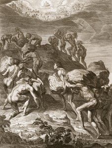 Os gigantes tentam escalar o céu empilhando montanhas em cima de outro, 1731 de Bernard Picart