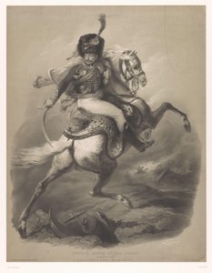 Oficial de assalto a cavalo Le chasseur de la garde (título no objeto) Novas litografias com dois tipos de giz (título da série) Nouveaux groups aux deux crayons (título da série no objeto)