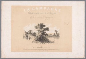 Capa para seis gravuras que retratam a vida rural A Campanha. Etudes varieés aux deux Crayons par les premiers Paysagistes (título no objeto) Representações da vida rural (título da série) A Campanha. Os estudos variam de Bernard Romain Julien