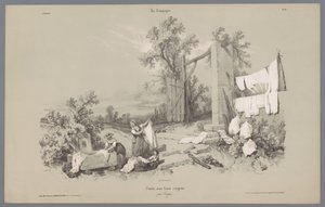 Duas mulheres e uma rapariga a lavar roupa no exterior
Representações da vida rural (título da série)
La Campagne. Études varieés aux deux Crayons (título da série sobre o objecto)