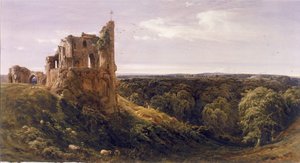 Castelo em ruínas numa paisagem (Castelo Knaresborough) (aguarela sobre papel)