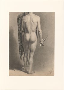 Homem nu com espada e escudo, visto por trás