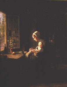 Mãe e Filho num interior junto a uma janela