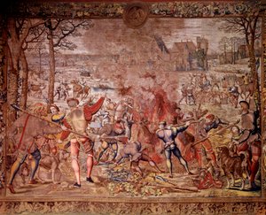 As caçadas de Maximilien chamadas "Belas caçadas de Guise": o mês de Janeiro, Aquarius, caça ao javali, flambee, curee - Tapeçaria feita nas oficinas flamengas por Bernard van Orley (Barend, Barent, Bernaert van Brussel