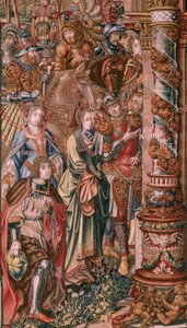 Tapeçaria flamenga. Série As Honras. A Fé (La Fe). A primeira tapeçaria da série. Modelos cartoonistas do círculo de Bernard van Orley e Jan Gossaert (Mabuse). Fabrico Pieter van Aelst, Bruxelas. Ca 1550. Tecido Ouro, prata, seda e lã. de Bernard van Orley