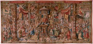 tapeçaria flamenga. Série As Honras. Fé (La Fé). Primeira tapeçaria da série. Cartunistas modelo do círculo de Bernard van Orley e Jan Gossaert (Mabuse). Fabricação Pieter van Aelst, Bruxelas. Ca 1550. Tecido Ouro, prata, seda e lã.