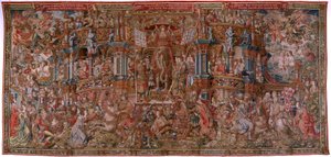 tapeçaria flamenga. Série As Honras. Fama (La Fama). Terceira tapeçaria da série. Cartunistas modelo do círculo de Bernard van Orley e Jan Gossaert (Mabuse). Fabricação Pieter van Aelst, Bruxelas. Ca 1550. Tecido Ouro, prata, seda e lã. de Bernard van Orley