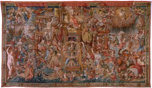 tapeçaria flamenga. Série As Honras. Fortuna, Caminho das Honras (La Fortuna, Camino de los Honores). Quinta tapeçaria da série. Cartunistas Modelo do círculo de Bernard van Orley e Jan Gossaert de Mabuse. Fabricação Pieter van Aelst, Brusse