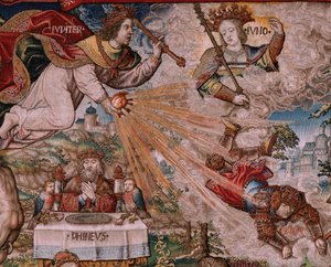 Tapeçaria flamenga. Série As Honras. Justiça (La Justicia, Los Honores). A nona tapeçaria da série. Modelos cartoonistas do círculo de Bernard van Orley e Jan Gossaert (Mabuse). Fabrico Pieter van Aelst, Bruxelas. Ca 1550. Tecido Ouro, prata, de Bernard van Orley