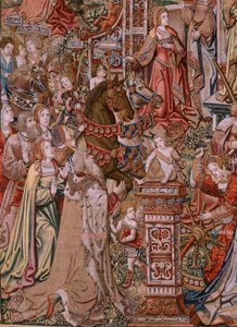 Tapeçaria flamenga. Série The Honours; Prudence (La Prudencia).Sétima tapeçaria da série. Modelos cartoonistas do círculo de Bernard van Orley e Jan Gossaert (Mabuse). Fabrico Pieter van Aelst, Bruxelas. Ca 1550. Tecido Ouro, prata, seda e w de Bernard van Orley