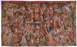 tapeçaria flamenga. Série As Honras; Prudência (La Prudencia). Sétima tapeçaria da série. Cartunistas modelo do círculo de Bernard van Orley e Jan Gossaert (Mabuse). Fabricação Pieter van Aelst, Bruxelas. Ca 1550. Tecido Ouro, prata, seda e w