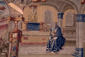 tapeçaria flamenga. Série A Lenda da Madona do Sablon (A Lenda de Nossa Senhora do Sablon). A chegada da estátua da Madonna. Fabricação de Bruxelas. O cartunista Barend van Orley de Bernard van Orley