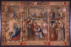 tapeçaria flamenga. Série A Lenda da Madona do Sablon (A Lenda de Nossa Senhora do Sablon). A estátua da Madonna chega à igreja de Sablon (A estátua de Nossa Senhora é levada à igreja do Sablon, La Estatua de de Bernard van Orley