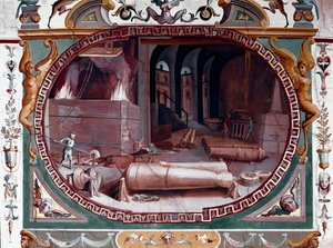 Representação da oficina de uma fundição de armas. Fresco por Bernardino Barbatelli dit Poccetti (1548-1612) Florence, Galleria degli Uffizi (Uffizi)