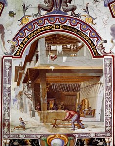 Representação da oficina de um armeiro, no fundo do forno, um dos trabalhadores faz uma espada. Fresco por Bernardino Barbatelli dit Poccetti (1548-1612) Florença, Galleria degli Uffizi (Uffizi)