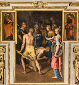 Capela de Nossa Senhora do Povo, segundo vão norte, Bernardino Campi, Decolação do Batista 1569, Aos lados São Pedro e São Paulo 1520-30