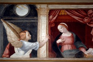 Anunciação, detalhe do Ciclo da Virgem (1553), fresco de Bernardino Lanino (1512-1583), sacristia inferior na Catedral de Novara, Piemonte, Itália