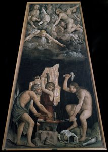 Armas divinas forjadas na Forja do Vulcão na frente de alguns anjos deitados nas nuvens, Detalhe (Fresco de Bernardino Luini