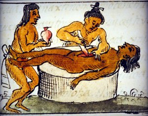 Sacrifício humano: sacrifício ritual entre os astecas. De um manuscrito de Bernardino de Sahagun de Bernardino de Sahagun