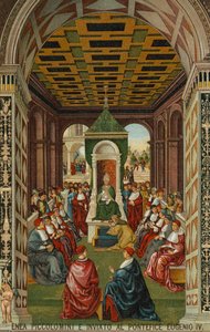 Enea Piccolomini perante o Papa Eugénio IV de Bernardino di Betto (after) Pinturicchio