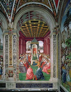 Aeneas Sylvius Piccolomini (1405-64) Faz uma Lei de Apresentação ao Papa Eugénio IV (1383-1447) 7 de Fevereiro 1447 de Bernardino di Betto Pinturicchio