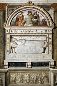 Monumento funerário em homenagem a Giovanni Basso della Rovere (1403-1483) - Top "O Cristo morto apoiado por dois anjos" (O Cristo morto apoiado por dois anjos) - Fresco por Pinturicchio (Bernardino di Betto) (1454-1513) 1484-1492 Roma, Basílica de Santa M de Bernardino di Betto Pinturicchio