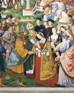 Itália, Siena, Catedral, Biblioteca Piccolomini, Enea Silvio Piccolomini, bispo de Siena em coroação de Frederico III e Eleanor de Aragão, detalhe de Histórias de Pio II