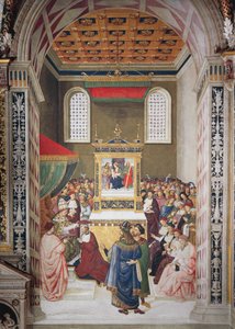 Itália, Siena, Catedral, Biblioteca Piccolomini, Enea Silvio Piccolomini recebendo o chapéu de cardeal de Calixtus III, detalhe de Histórias de Pio II