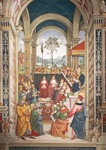 Itália, Siena, Catedral, Biblioteca Piccolomini, Pio II reuniu-se em Mântua para uma dieta organizada para planear a Cruzada contra os Turcos, detalhe das Histórias de Pio II de Bernardino di Betto Pinturicchio