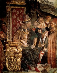 A disputa de Santa Catarina de Alexandria com filósofos perante o Imperador Romano Maximian Hércules, detalhe de Cesare Borgia