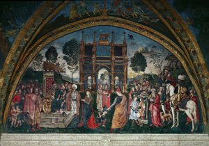 A disputa de Santa Catarina de Alexandria com o filósofo, diante do imperador romano Maxêncio (óleo sobre tela) de Bernardino di Betto Pinturicchio