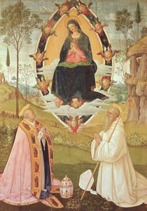 Virgem em Glória com São Gregório e São Bento (têmpera no painel) de Bernardino di Betto Pinturicchio