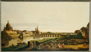 Vista de Dresden a partir da margem direita do rio Elba, acima do rio Augustusbrucke de Bernardo Bellotto
