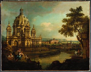 Um capricho com uma igreja abobadada e edifícios em Pirna, c.1765 de Bernardo Bellotto