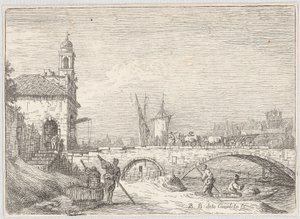 Capricho com uma ponte e um edifício de porta à maneira da Porta Portello de Pádua de Bernardo Bellotto