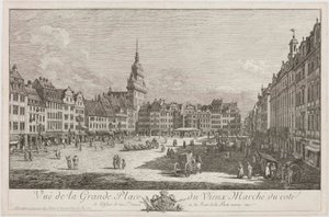 A Altmarkt de Dresden vista da Schlossstraße, folha da série «Vistas de Dresden» de Bernardo Bellotto