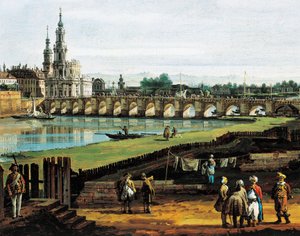 Dresden da margem direita do Elba a montante da ponte de Augusto, cerca de 1750, por Bernardo Bellotto, conhecido como Canaletto (1721-1780), óleo sobre tela, 50x84 cm, Detalhes de Bernardo Bellotto
